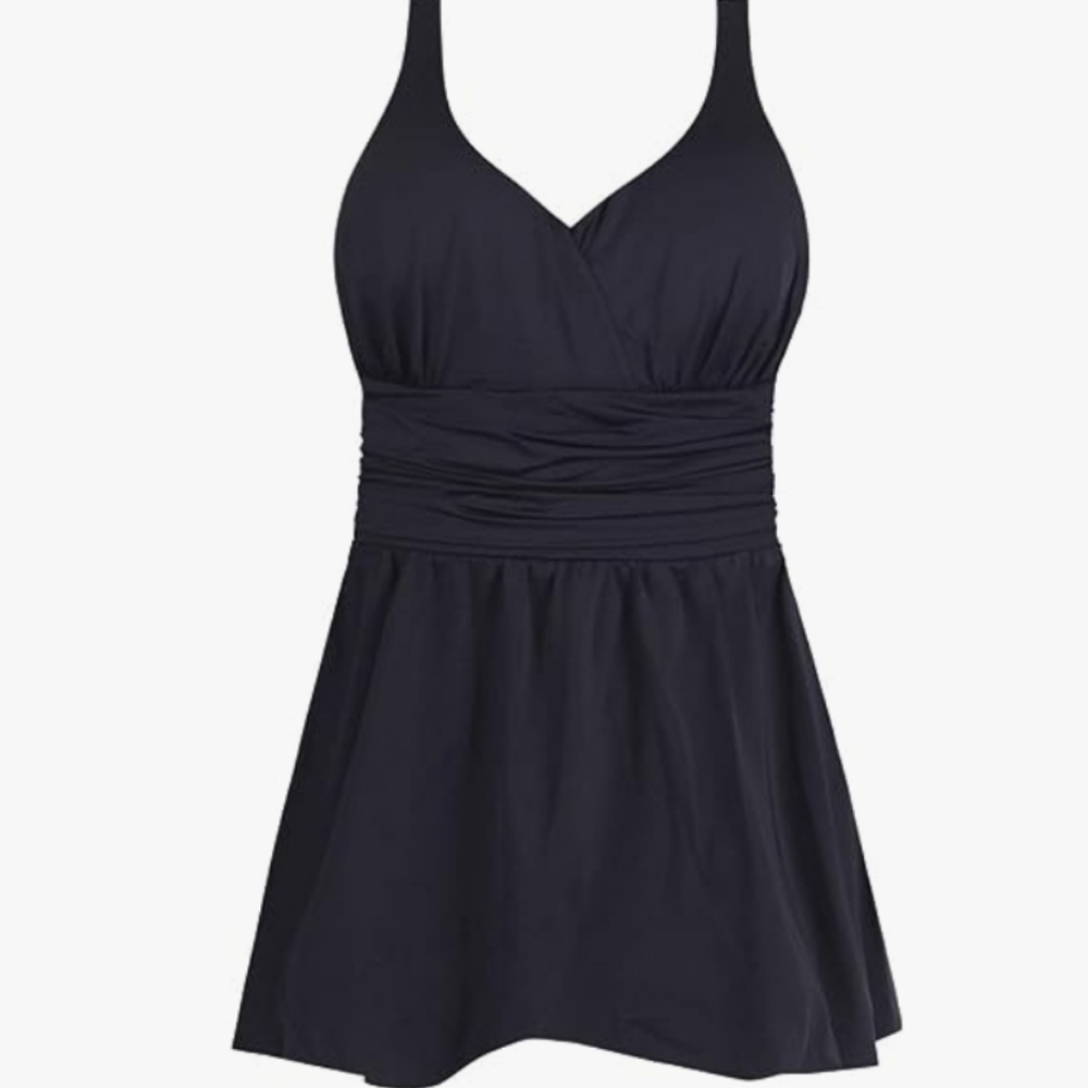 JINXUEER Ruched Modest Slimming Swim Dress Black Size 24W